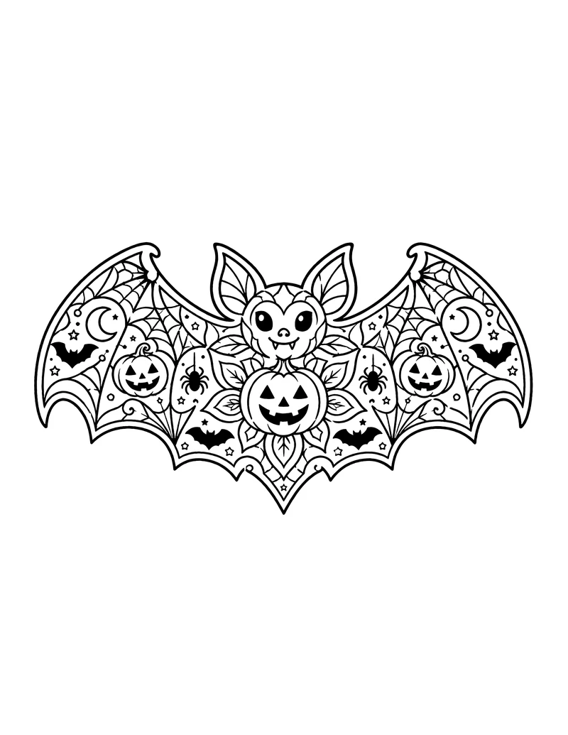 Bat-shaped Halloween mandala coloring page with pumpkins and webs