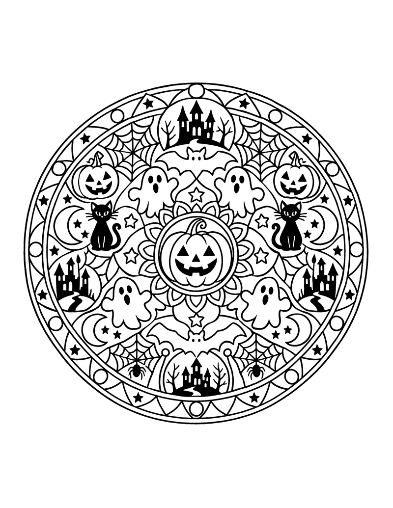 Black cat Halloween mandala coloring page with castles and ghosts