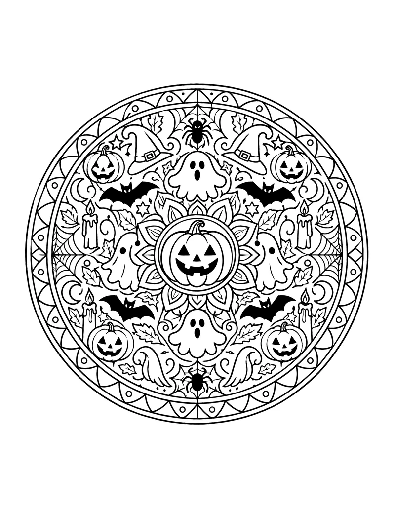 Halloween mandala coloring page with candles, bats and ghosts