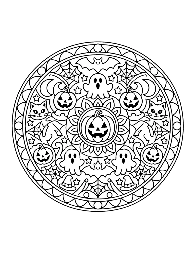Halloween mandala coloring page with ghosts and cat faces
