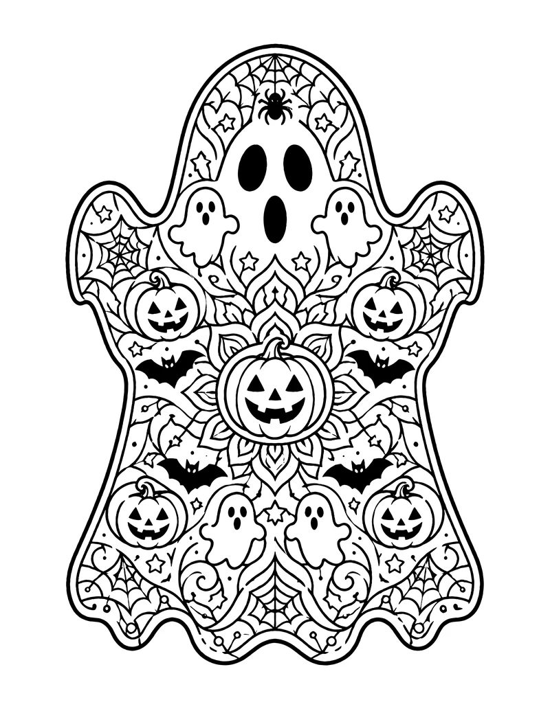 Ghost-shaped Halloween mandala coloring page with pumpkins