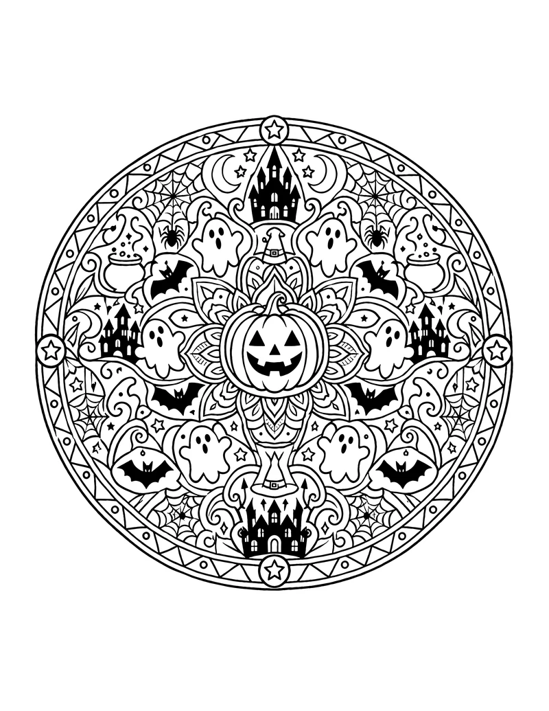 Haunted castle Halloween mandala coloring page with ghosts and bats