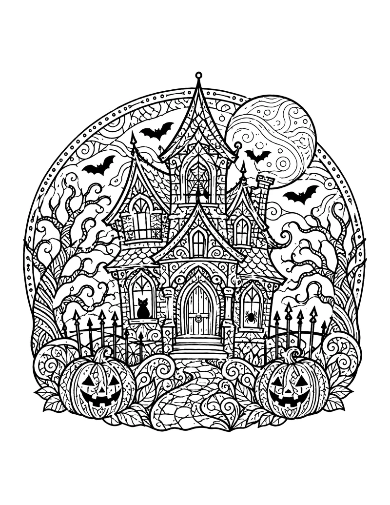 Haunted house Halloween coloring page with pumpkins and bats