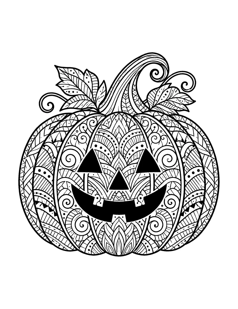 Jack-o'-lantern Halloween mandala coloring page with paisley patterns