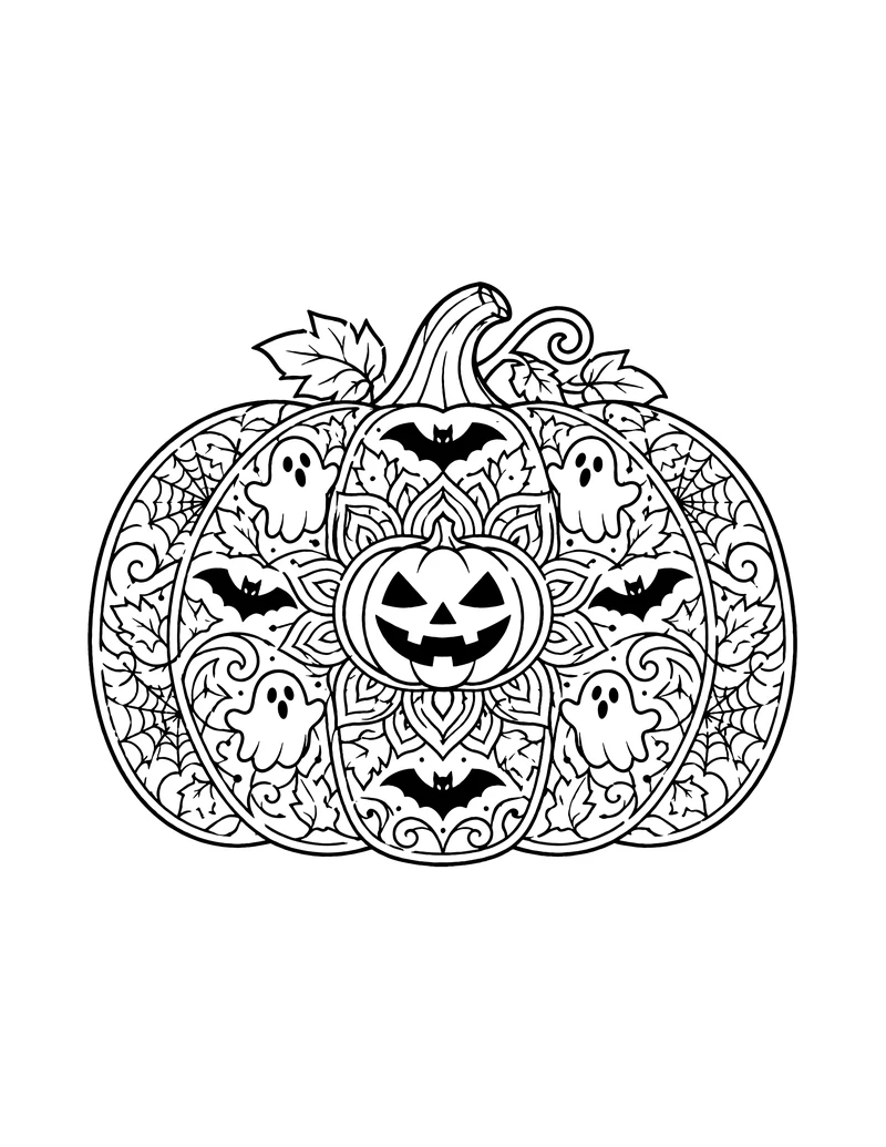 Pumpkin-shaped Halloween mandala coloring page with ghosts and bats