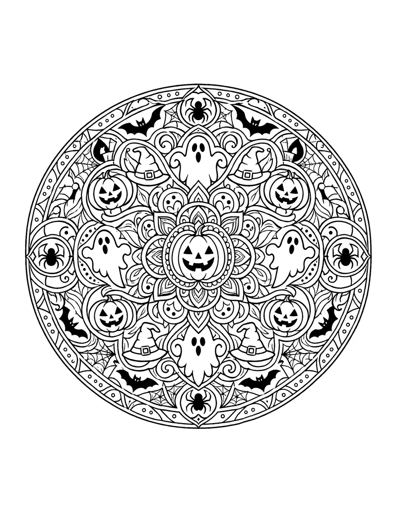 Halloween mandala coloring page with ghosts in witch hats and spiders