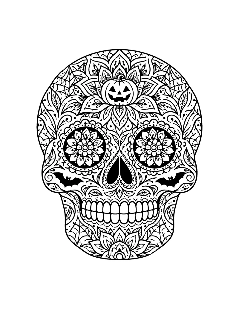 Sugar skull Halloween mandala coloring page with a jack-o-lantern