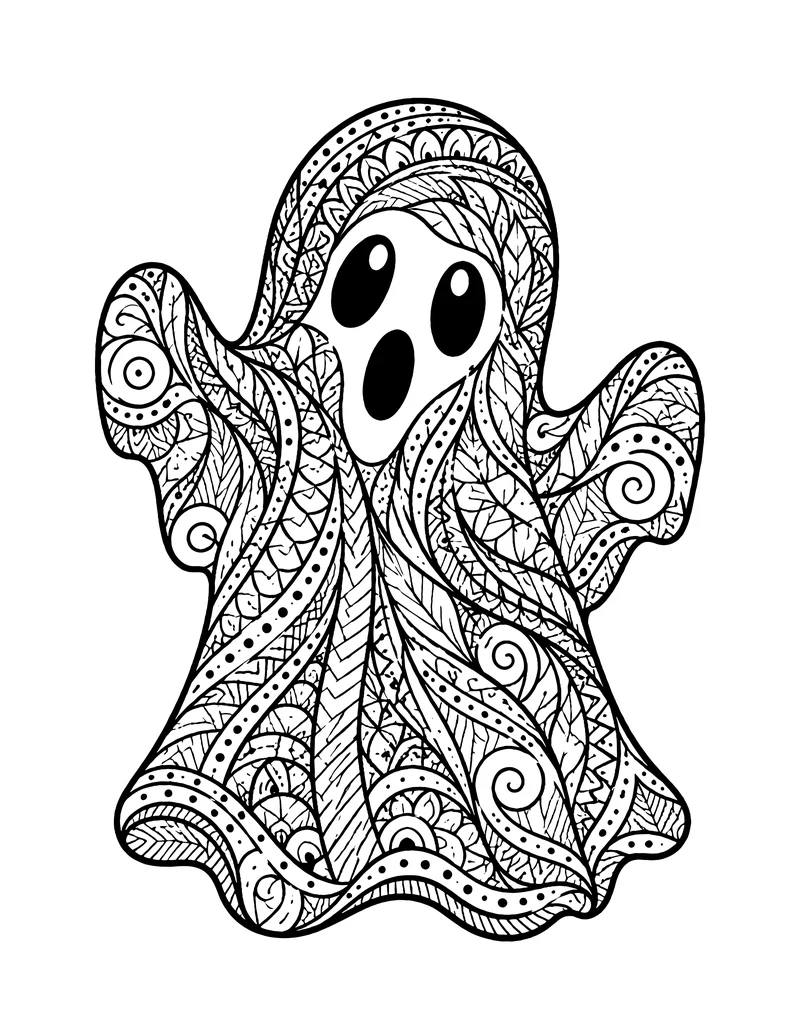 Swirling ghost Halloween mandala coloring page