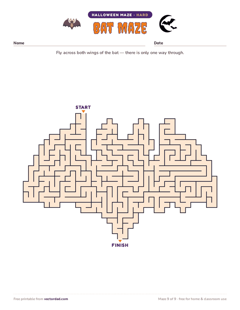 Printable Halloween maze β Bat Maze (hard)