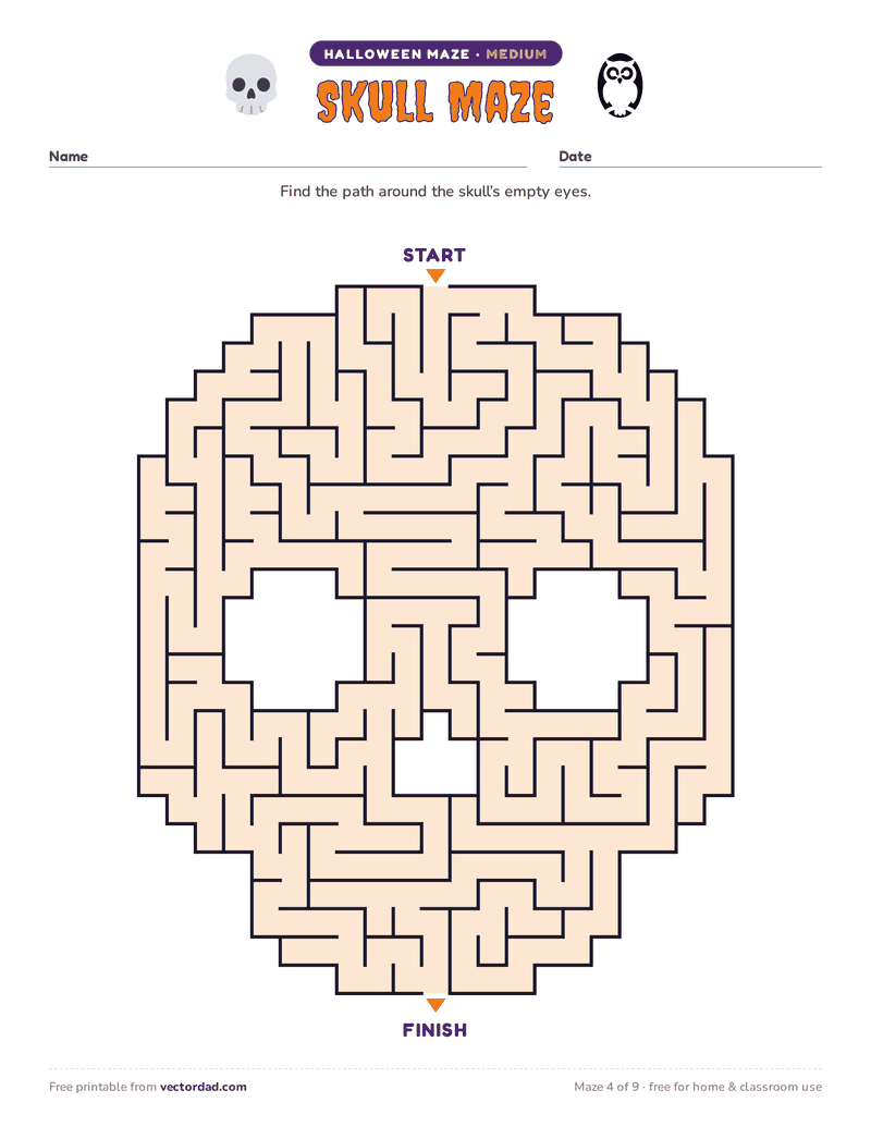 Printable Halloween maze β Skull Maze (medium)
