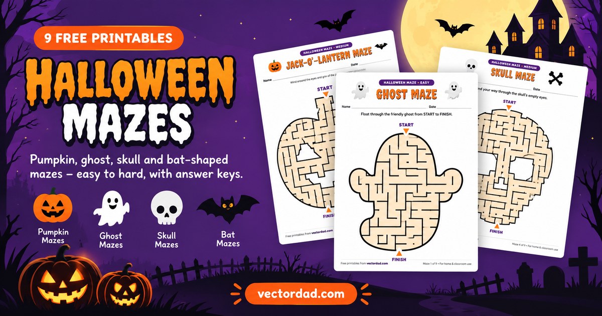 Printable Halloween mazes shaped like a jack-oβ-lantern, a ghost and a skull, with answer keys