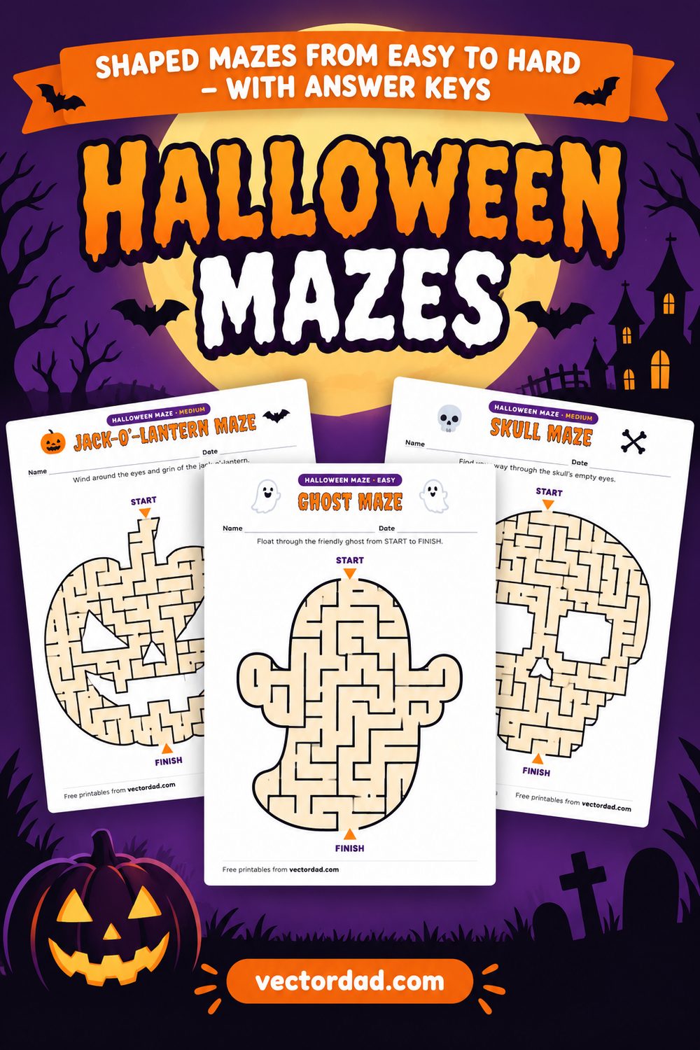 Free printable Halloween mazes shaped like pumpkins, ghosts and bats from VectorDad