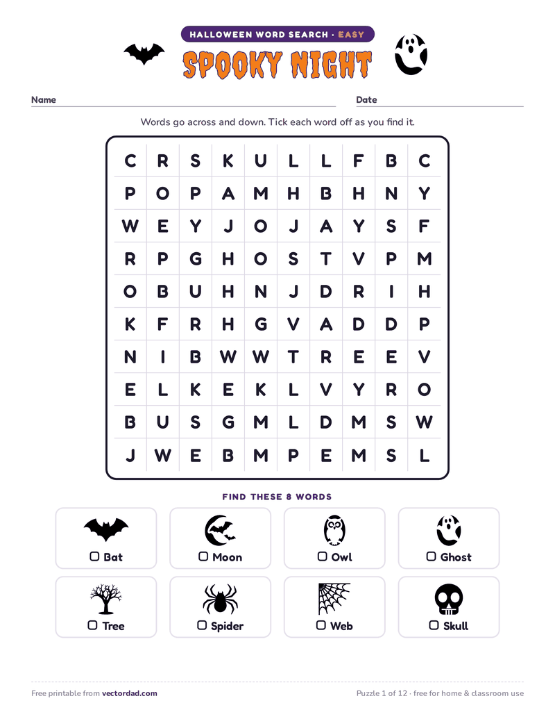 Printable Halloween word search — Spooky Night (easy, 8 words)