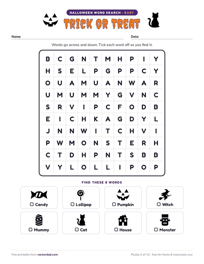 Printable Halloween word search — Trick or Treat (easy, 8 words)