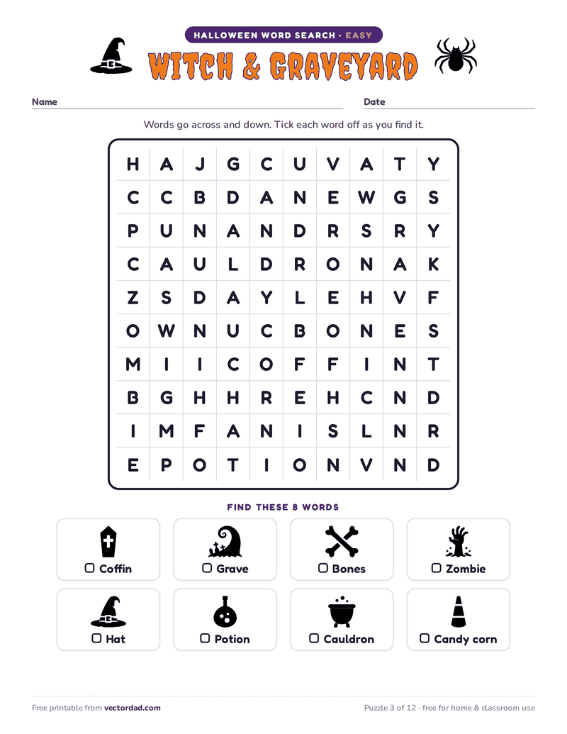 Printable Halloween word search — Witch & Graveyard (easy, 8 words)