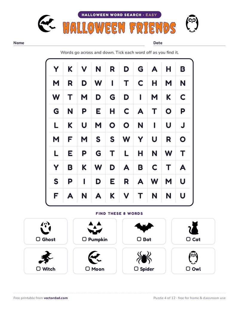 Printable Halloween word search — Halloween Friends (easy, 8 words)