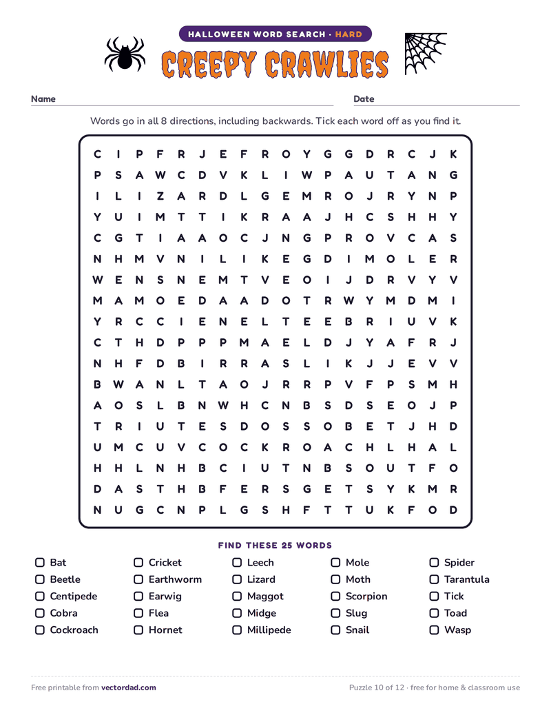 Printable Halloween word search — Creepy Crawlies (hard, 25 words)