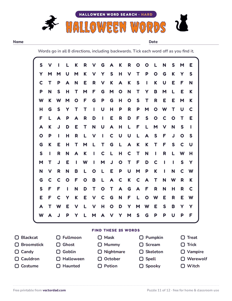 Printable Halloween word search — Halloween Words (hard, 25 words)
