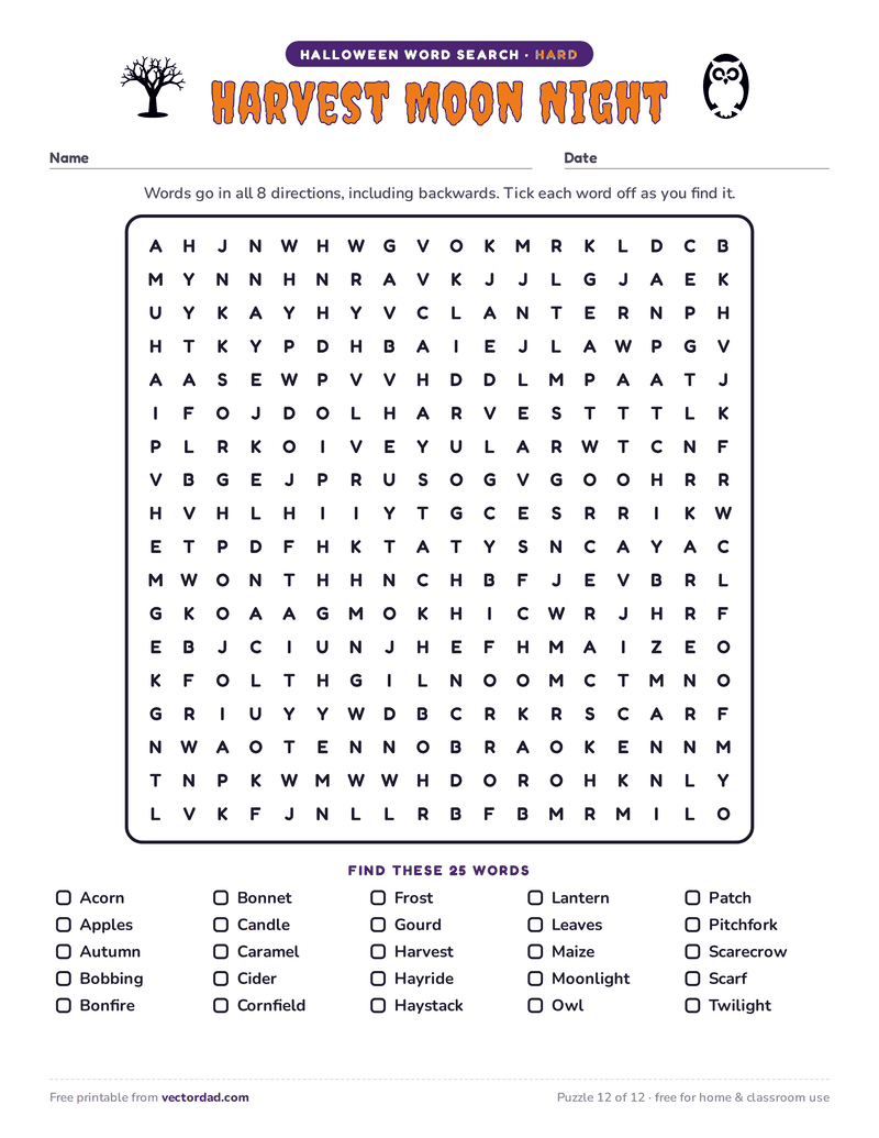 Printable Halloween word search — Harvest Moon Night (hard, 25 words)
