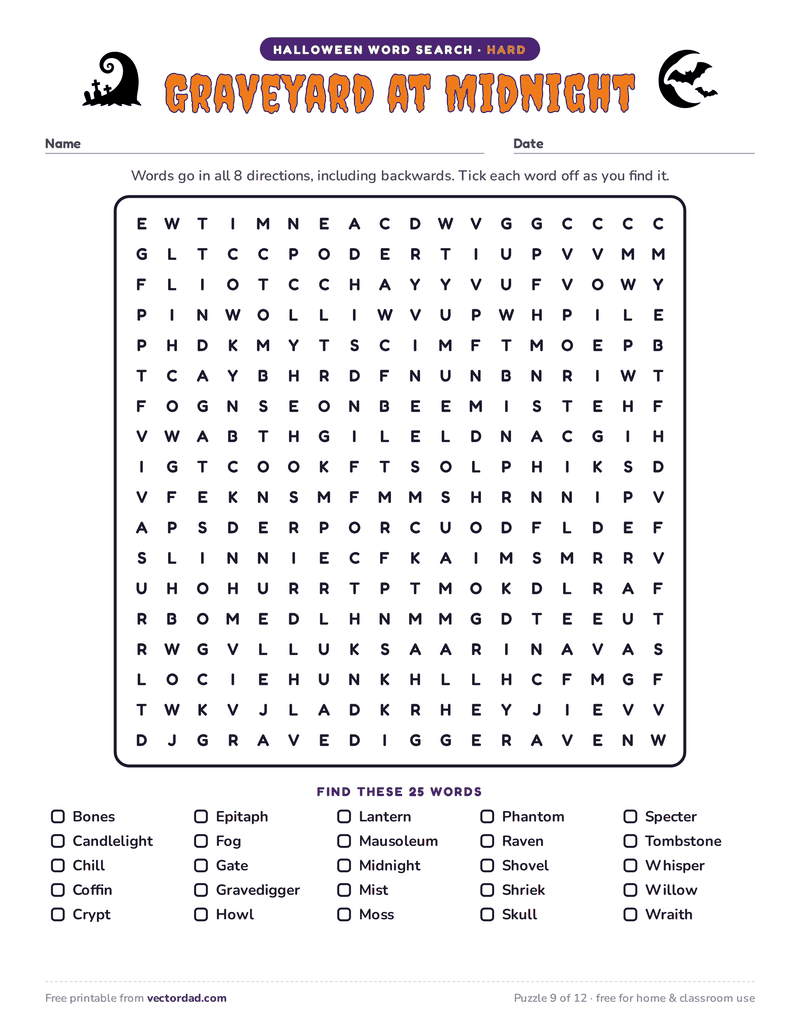 Printable Halloween word search — Graveyard at Midnight (hard, 25 words)