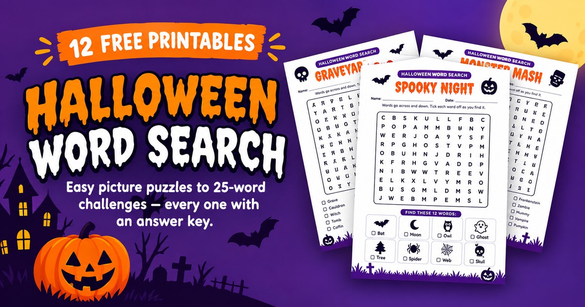 Printable Halloween word search puzzles — easy picture puzzles, medium and hard grids with answer keys