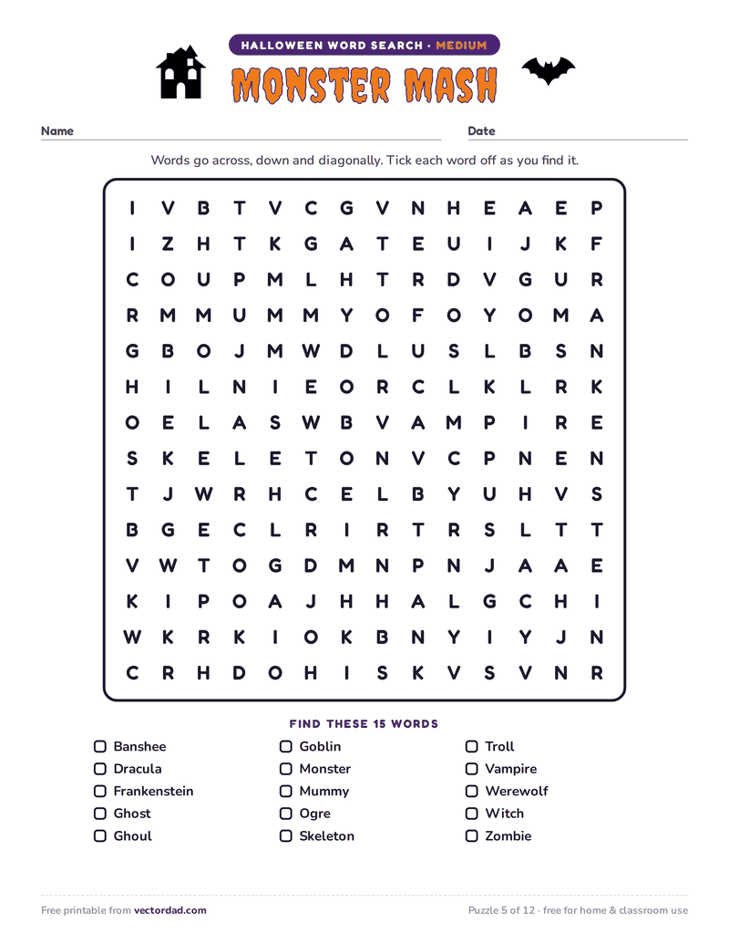 Printable Halloween word search — Monster Mash (medium, 15 words)