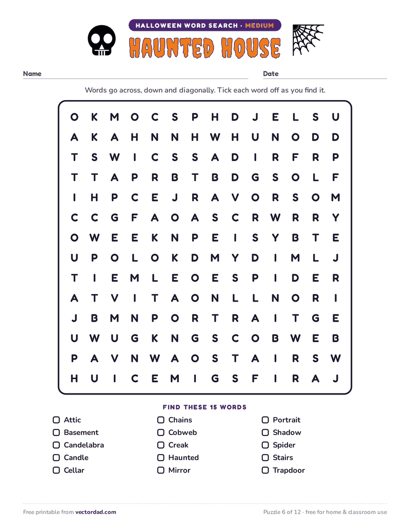 Printable Halloween word search — Haunted House (medium, 15 words)