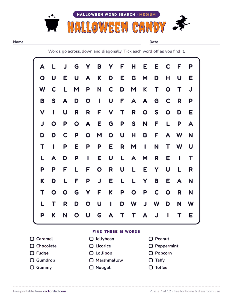 Printable Halloween word search — Halloween Candy (medium, 15 words)