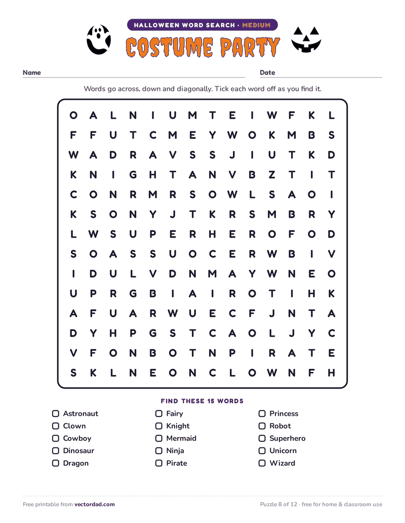 Printable Halloween word search — Costume Party (medium, 15 words)