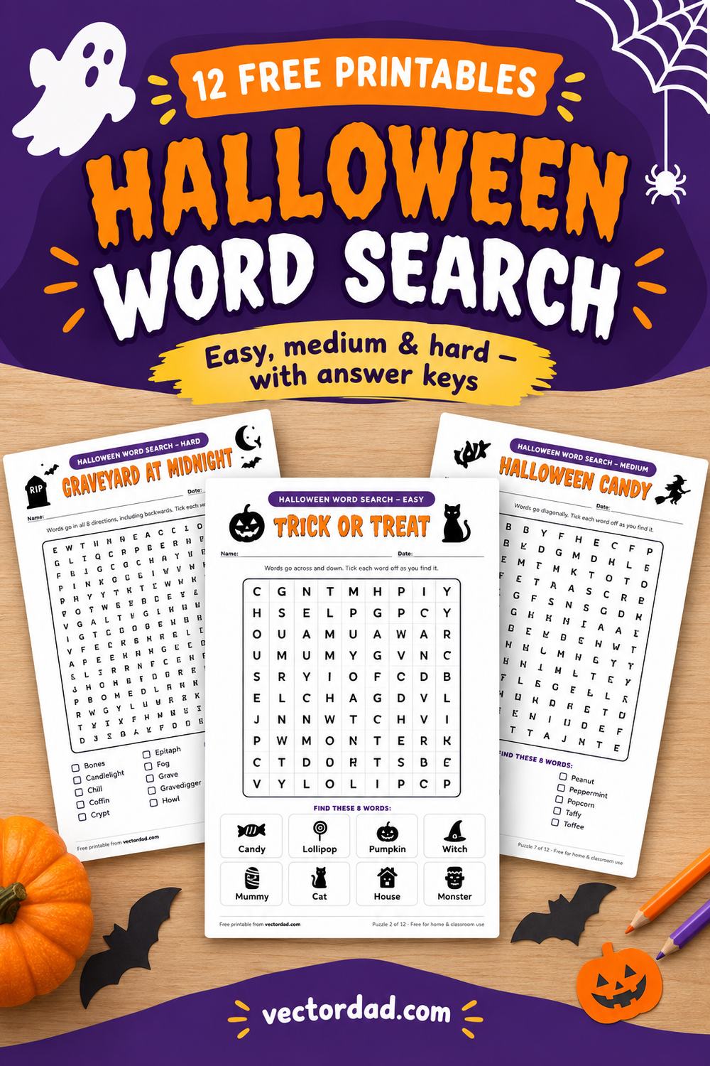 Free printable Halloween word search puzzles with answer keys from VectorDad