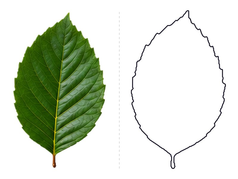 Beech leaf next to its printable leaf template outline