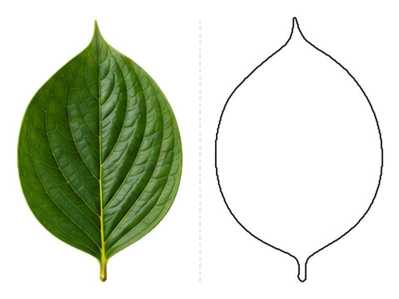 Dogwood leaf next to its printable leaf template outline