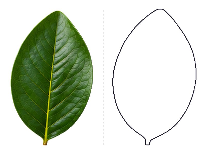 Magnolia leaf next to its printable leaf template outline