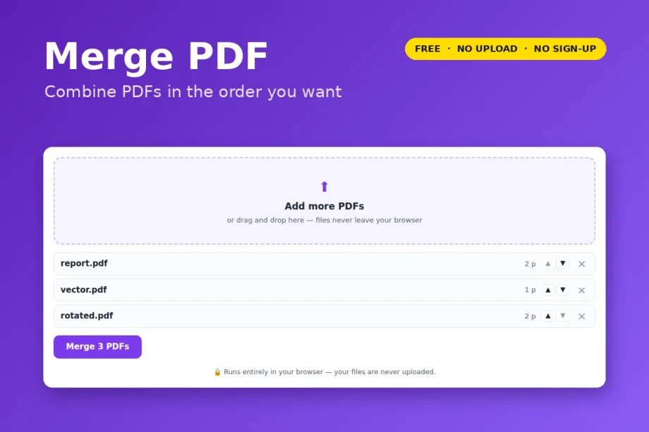 Merge PDF tool with three PDF files in order