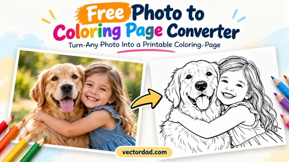 Photo to coloring page converter — a photo of a girl hugging her dog turned into a printable coloring page