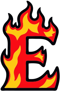 Printable fire letter E template with cartoon flames