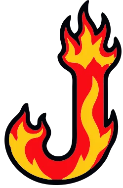 Printable fire letter J template with cartoon flames