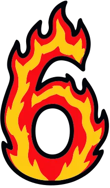 Printable fire number 6 template with cartoon flames