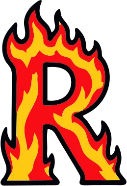 Printable fire letter R template with cartoon flames