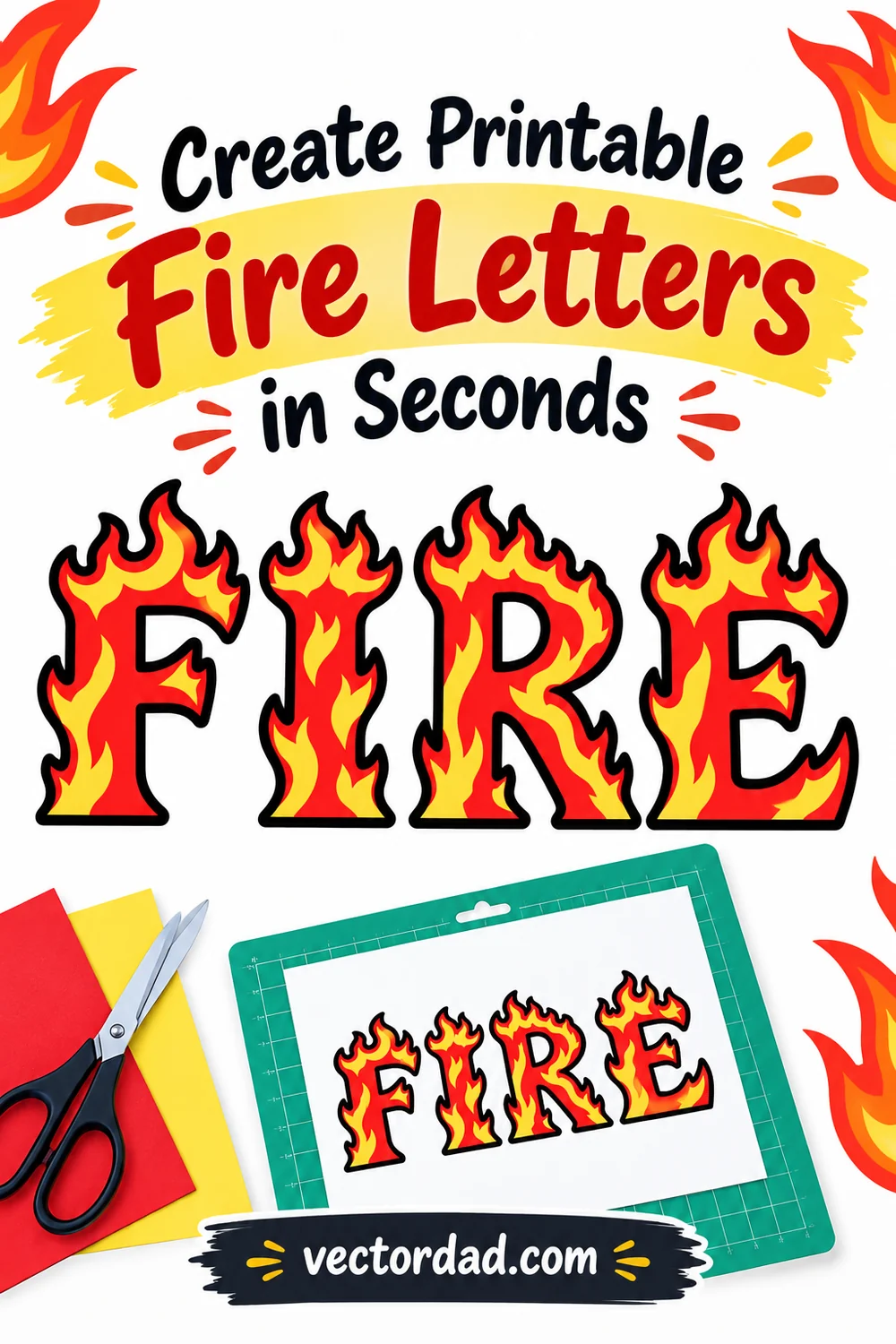 Printable fire letters template cut out with scissors on a green craft mat