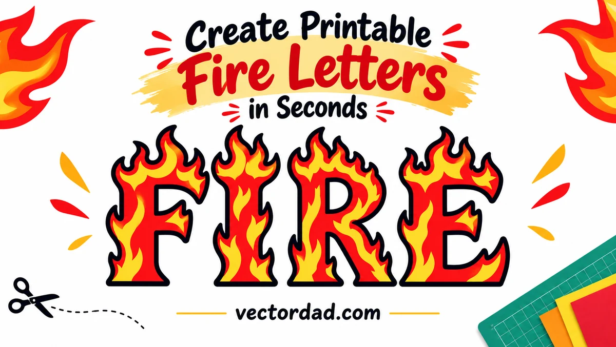 Printable fire letters spelling FIRE in a flaming red and yellow alphabet