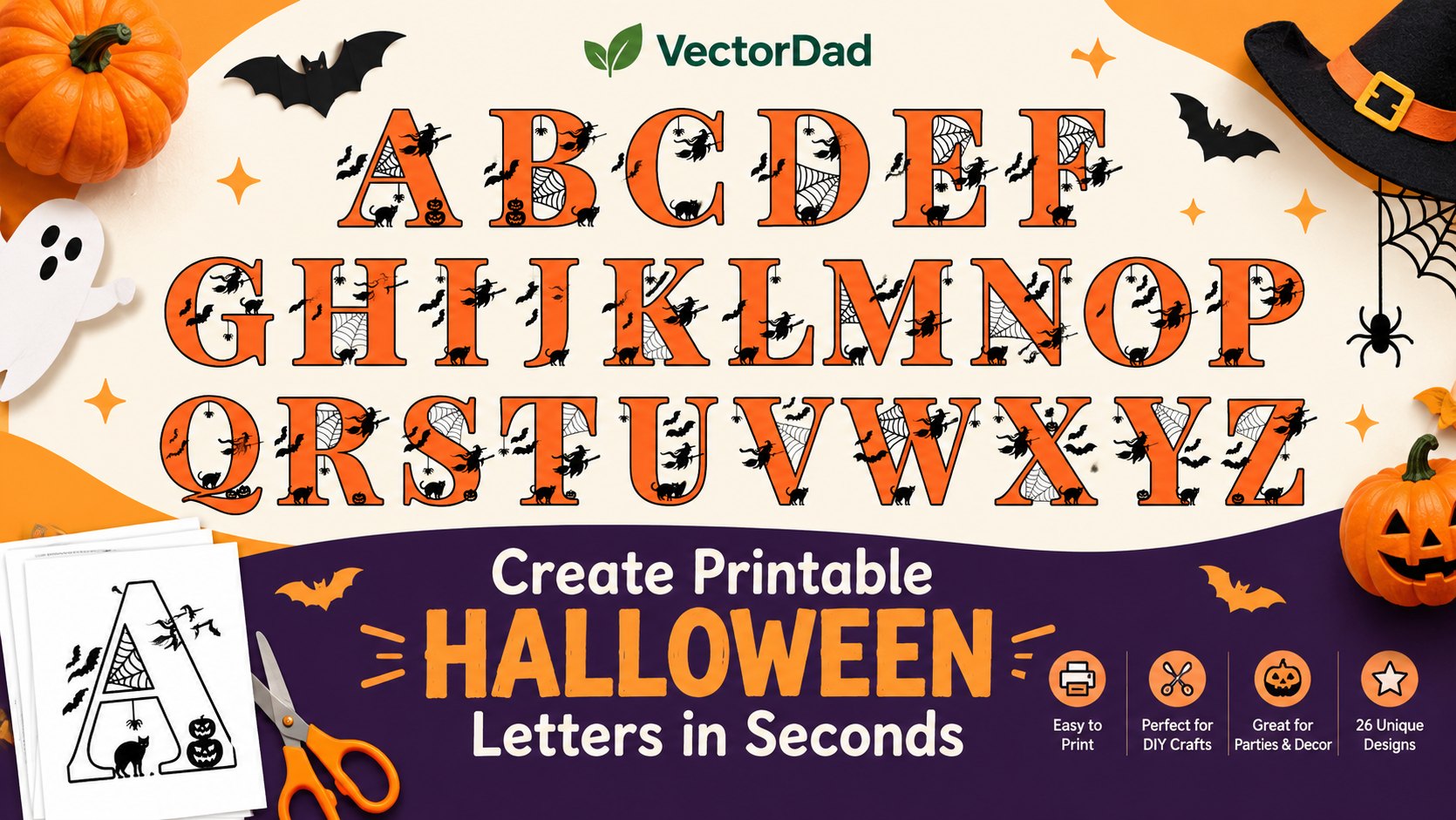 Printable Halloween letters A to Z with bats, witches and spider webs