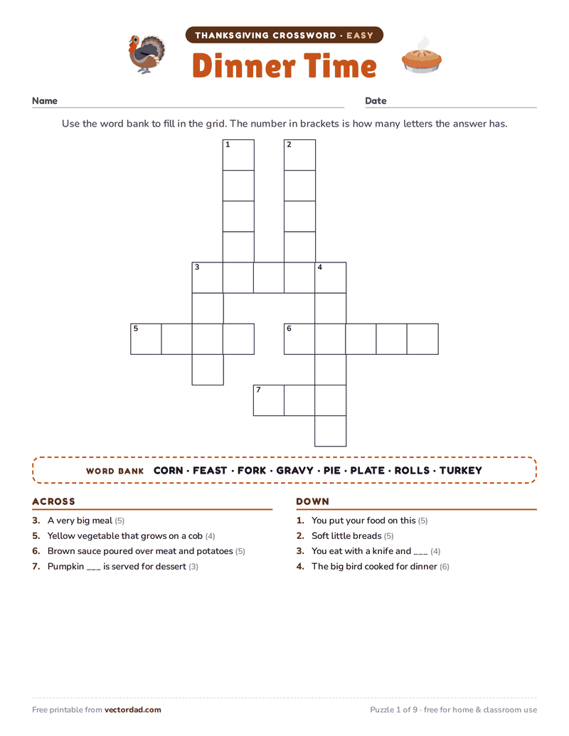 Printable Thanksgiving crossword puzzle — Dinner Time (easy, 8 words)