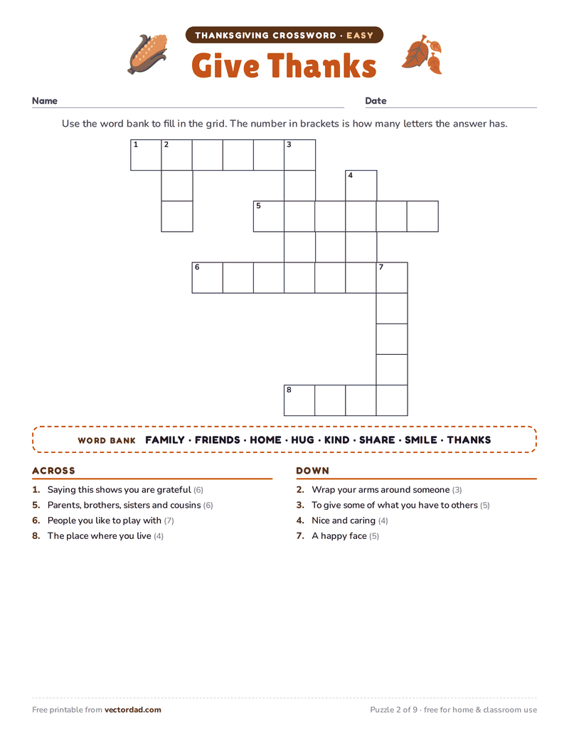 Printable Thanksgiving crossword puzzle — Give Thanks (easy, 8 words)