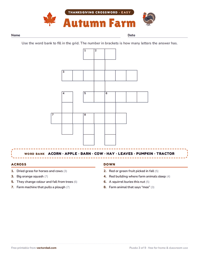 Printable Thanksgiving crossword puzzle — Autumn Farm (easy, 8 words)