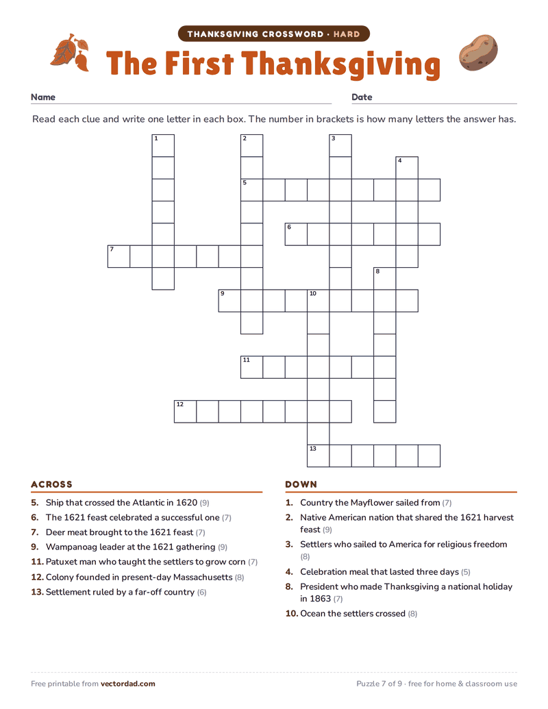 Printable Thanksgiving crossword puzzle — The First Thanksgiving (hard, 13 words)