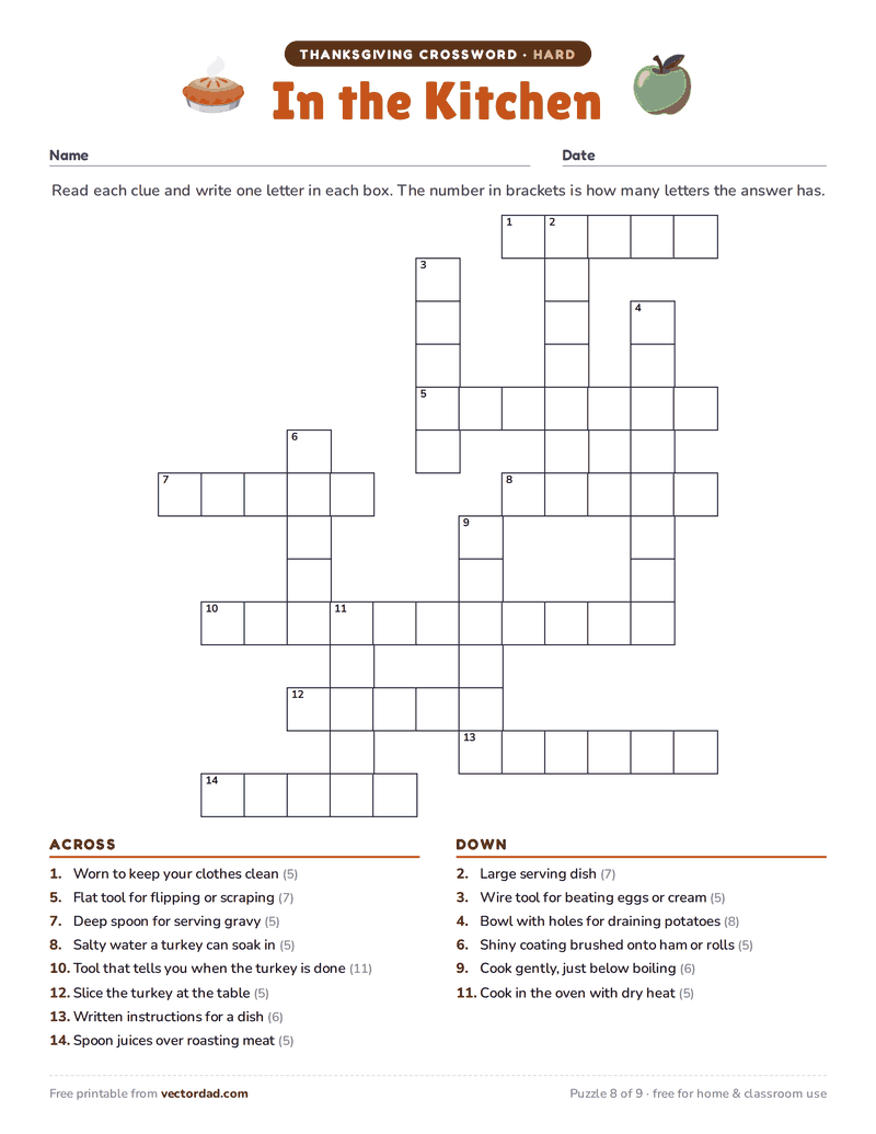 Printable Thanksgiving crossword puzzle — In the Kitchen (hard, 14 words)