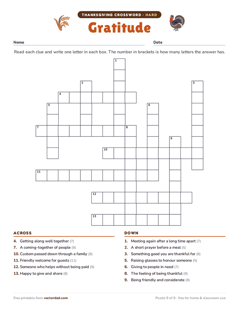 Printable Thanksgiving crossword puzzle — Gratitude (hard, 13 words)