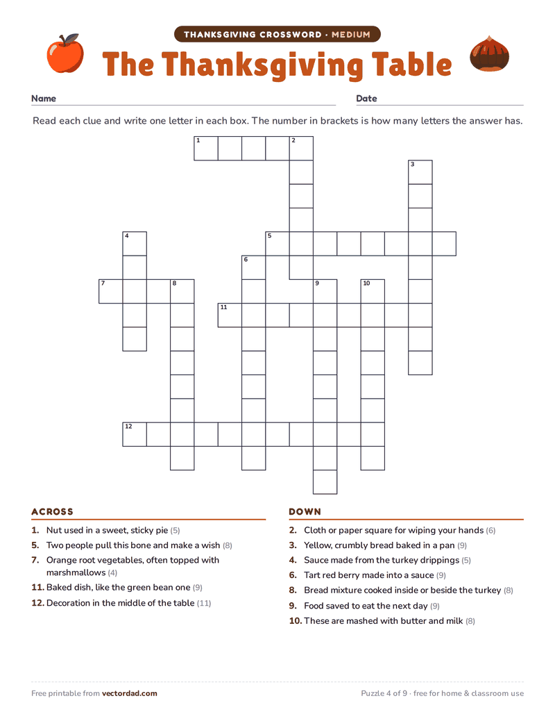 Printable Thanksgiving crossword puzzle — The Thanksgiving Table (medium, 12 words)