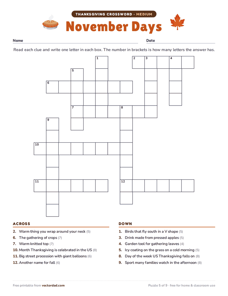 Printable Thanksgiving crossword puzzle — November Days (medium, 12 words)